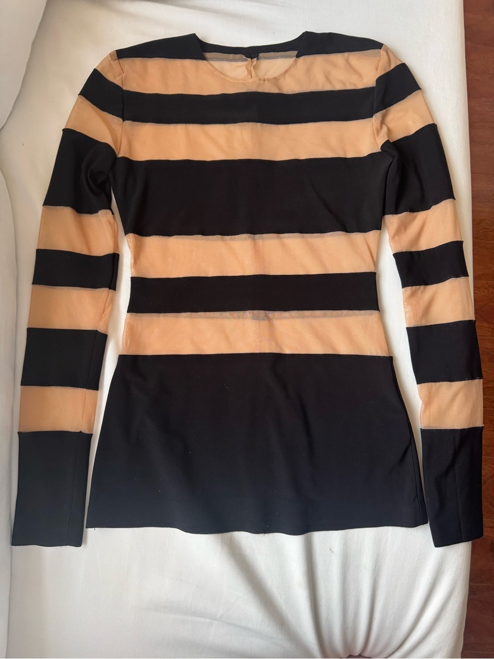 Norma Kamali Black and Nude Mesh Wide-Stripe Fitted Long-Sleeve Top